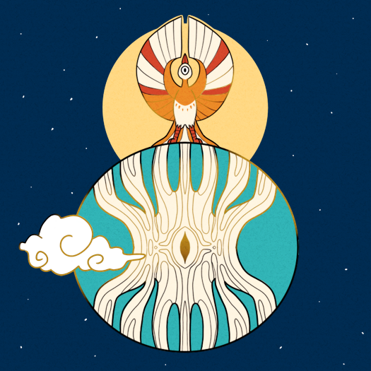 Image: The Firebird is depicted with white, orange, and red feathers. It stands atop a blue circle which represents the Earth. The Firebird’s wings are raised above its head, and the sun is shining behind it. Inside of the Earth is a network of white, root-like structures. End description.