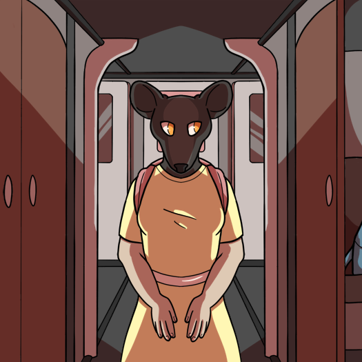 Image: Phoebe, the woman from the cover, walks through a train car. She is sporting a pink backpack. On either side of her is a cabin, and the interior of the train is a mix of pale reds, greys, and blacks. Her hands are resting in front of her and she is looking to the right. End description.