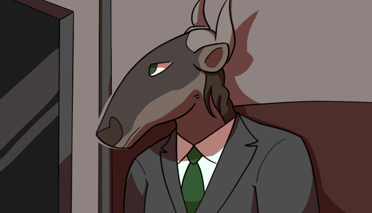 Image: A man with the head of a wildebeest, sitting in another cabin, looks out a window. The sky is pitch black. He is wearing a grey suit, with a white shirt and a green tie. His eyes are also green and his expression is neutral. End description.