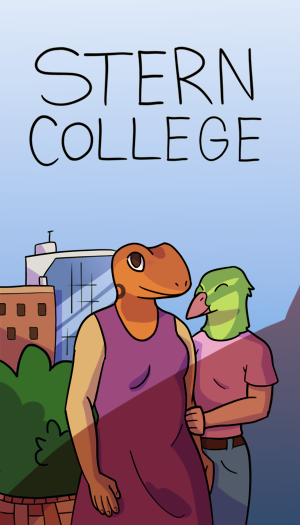 Image: A brochure for Stern College. The cover features two smiling women. The one on the left has the head of an orange salamander and is wearing a purple dress. The one on the right has the head of a green songbird, and is wearing a pink t-shirt with jeans. Behind them is part of a college campus, and the rest of the background is pale blue. End description.