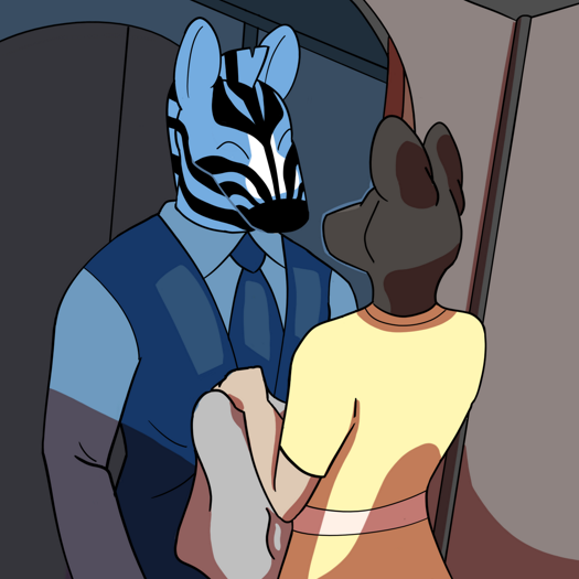 Image: Phoebe’s back is turned, and she’s facing a zebra-headed man at her cabin door. In her hands is a bundle of light grey pajamas. The man is smiling, and behind him is a dark hallway. End description.