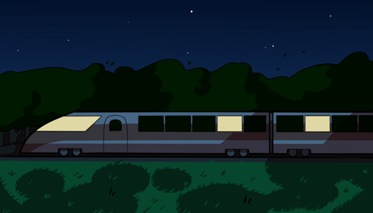 Image: The train speeds across the landscape. The frontmost car and half of the car behind it are visible, and some of the cabins have their lights on. Behind the train is a forest, and in the foreground is a green field. The sky is dark blue and a few stars are visible. End description.
