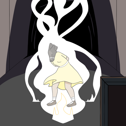 Image: Phoebe stands in the middle of the empty train car. She is partially hunched over, and her eyes are screwed shut. Her dress is lifted up slightly above her knees, as though it were being blown by the wind. She is surrounded by strands of bright, white light which illuminate both her and the immediate surroundings. In the foreground is a brown trunk. End description.