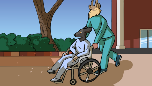 Image: A flashback of Phoebe in a wheelchair. She is being wheeled around the courtyard of a hospital by a nurse with a saiga aspect. They are on a path, moving under the shade of a tree. The sky is blue, and in the background is part of one of the hospital buildings. End description.