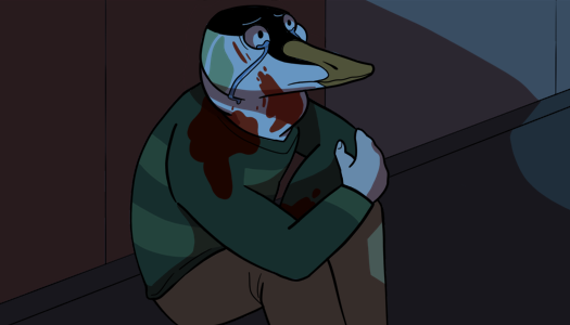 Image: A man with an eider aspect sits on the floor.. His head is tucked against his long neck and he is crying. There is blood on his face, neck, sweater, and one of his arms. The bloody arm is mostly obscured from view. End description.