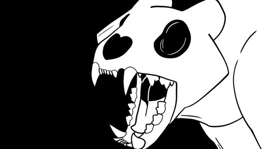 Image: A black and white bust-shot of the feline monster, facing ¾ to the left. Its posture mirrors Yuli’s, with their ears back and mouth open. End description.