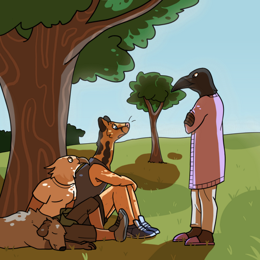 Image: Cat and Julia look up at Asmeret, who’s looking down at them sternly with crossed arms. Asmeret has a raven aspect and dark skin. They’re wearing a light pink cardigan, grey sweatpants, and darker pink slippers. More of the field is visible behind the group, showing scattered trees and a forest in the distance. End description.