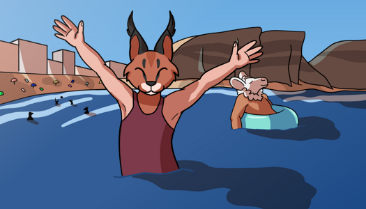 Image: A young girl with a caracal aspect is standing in the ocean water. She is wearing a burgundy swimsuit, and is smiling with her arms stretched out towards the sky. Behind her are more beachgoers, and on the shore is a row of buildings next to a few high cliffs. End description.