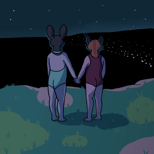 Image: Phoebe and Nicole stand atop one of the cliffs. Beyond them is a black sea and lights making the city. Their backs are turned and they’re holding hands. End description.
