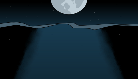 Image: A view of the sea. The top half of the image is above the water, showing the moon and the night sky. The bottom half is below the water, showing moonlight streaming towards the depths. End description.