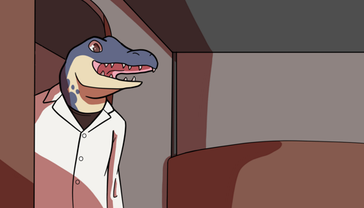 Image: A man with the head of an alligator walks into the room. His aspect has grey-blue scales with tan scales on its lower jaw and underside. He is wearing a white labcoat and what appears to be a brown shirt underneath. His eyes are also brown. End description.