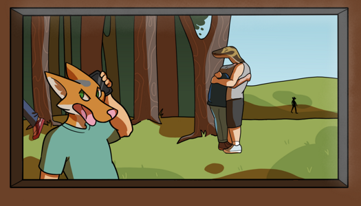 Image: A view outside Phoebe’s window. Multiple passengers can be seen, including the coyote man from before talking on his phone. Two passengers in the background share an embrace. They’re close to a stand of trees, and beyond that is more field. End description.