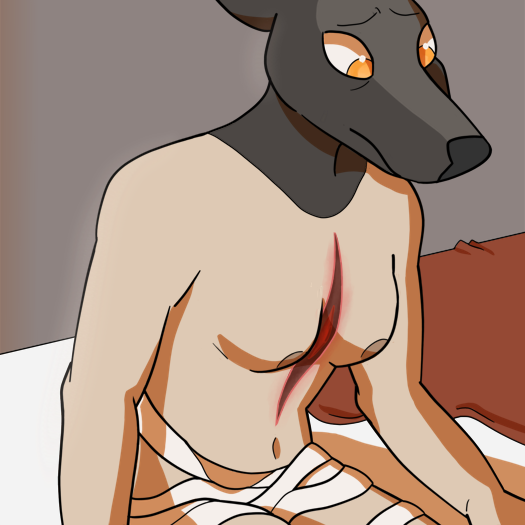 Image: Phoebe is looking down pensively at her body. Her chest is exposed, but the unwrapped bandages cover her crotch. The gash is a rusty red, with some brighter red in the middle. End description.