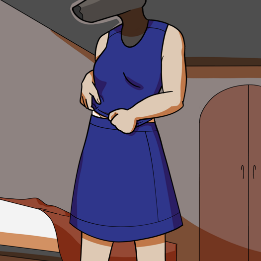 Image: Phoebe is standing up and most of her body is visible. She is now wearing a blue skirt, which reaches her knees, and is putting on the matching crop top. End description.