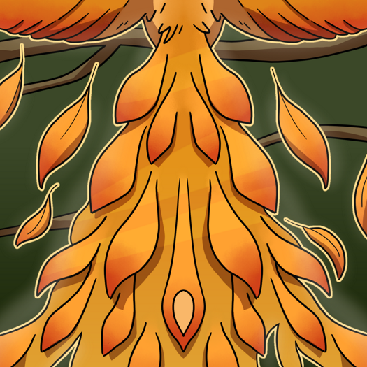 Image: The Firebird perches on a branch reminiscent of the ones in Phoebe’s book. Only the bottom of its wings and its tail are visible. Here, it’s tail is long and resembles a peacock’s, with 25 feathers visible. Some of the feathers have fallen off. It is colored three shades of orange. End description.