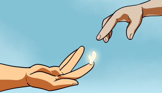 Image: Cat’s and Phoebe’s hands. Phoebe reaches for the glowing sprout. End description.