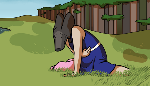 Image: Phoebe is kneeling on the ground. She is hunched over, her eyes are screwed shut, and she is clutching her stomach. Grass rises up over her hand and legs. The woods can be seen in the background, along with the edge of a small pond. End description.