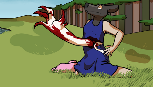 Image: An arm is coming out of Phoebe’s torso. It is white with large claws, and is smeared with her blood. Phoebe is bolted upright with a look of shock on her face. End description.