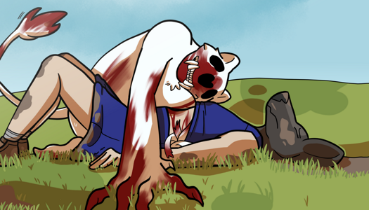 Image: Phoebe is still on her back, her face is now pointed towards the sky and her knees are bent. Parts of her clothes and body are muddy. The feline monster is kneeling over her. Its face rests against her chest as one of its arms reaches into her wound. Blood trickles down Phoebe’s side. End description.