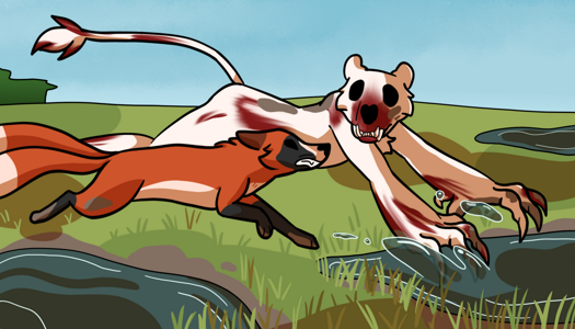 Image: Yuli is chasing the monster through the marsh. They are running nearly side-by-side and Yuli is growling. The monster’s paws are landing in a small pool, causing water to splash up. End description.