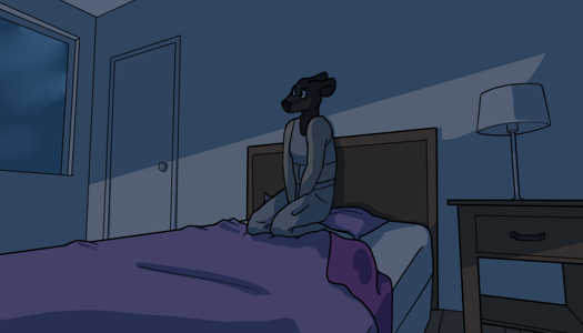 Image: Phoebe is sitting up in the bed and looking around the dark room. She is wearing grey pajamas, consisting of sweatpants and a sports bra. Her scar is visible. Besides the bed, a wooden nightstand, closet door, and window are visible. The covers are purple and the walls are off-white. End description.