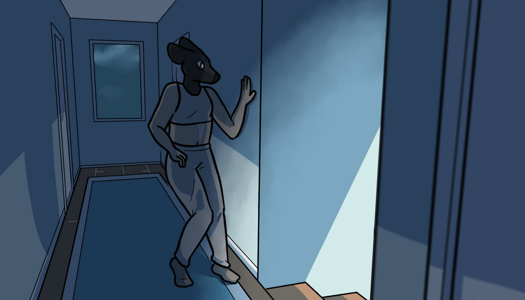 Image: Phoebe is in the hallway, peering down the stairs. She has one hand on the wall. The walls are blue, and a blue runner covers the wooden floor. Two white doors are at the end of the hallway behind her, along with a window. End description.