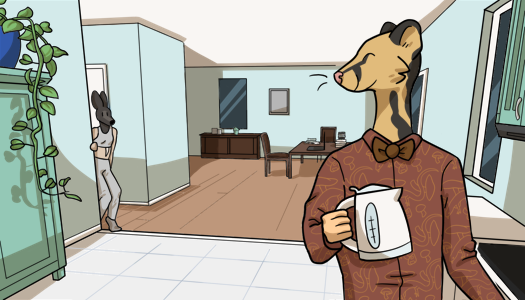 Image: Phoebe is peeking into the kitchen from a hallway. Cat is standing by the stove and smiling at her while holding an electric kettle. He is wearing a rust-colored button up shirt with a pattern of skinks and mushrooms on it, along with a bow tie. There are green cabinets above the countertop, and a green pantry with a pothos plant on top of it. The dining room can be seen in the background, consisting of a table and chairs. End description.