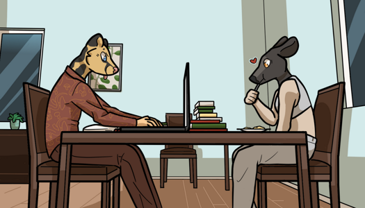 Image: Phoebe and Cat sit at the cluttered table. Cat is focused, typing on his laptop. His brow is furrowed and his tongue is sticking out. Phoebe has a fork-full of food in her mouth. She is looking down at her plate, and there is a small heart above her head. On the left, behind Cat, is a framed illustration of a vine, and a decorative table with a small plant on it. End description.