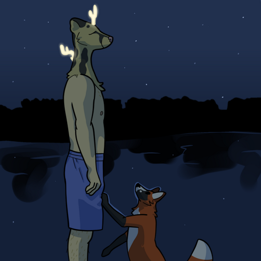 Image: A flashback to much earlier in the morning- The sky is dark and stars are visible. Cat is standing outside, wearing nothing but a pair of blue basketball shorts. His eyes are closed and he is asleep, and two glowing tendrils are growing from his head and neck. Yuli is in front of him, looking up concernedly with one paw on his thigh. Close behind the pair is the lake, with a row of trees reflected in the water. End description.