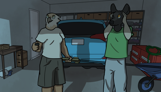 Image: Julia and Phoebe are standing in the garage. They are facing towards the outside, and are covered in shadow from the shoulders-up as the door continues to open. Behind them, most of the garage can be seen. End description.