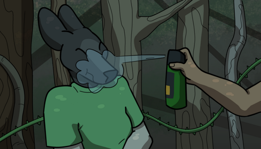 Image: Phoebe is being sprayed with bug repellant. She has her eyes screwed shut as Julia, from off-screen, aims the spray at her face. Behind her are trees and greenbriar vines, with light filtering into the dense forest beyond them. End description.