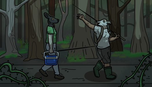 Image: Julia and Phoebe walk down a path through the swamp. Their full bodies are visible, and Julia is gesturing excitedly with one hand. Both are holding their fishing poles. Phoebe is carrying the cooler. They’re framed by greenbriar vines, and behind them are more trees and grasses. End description.