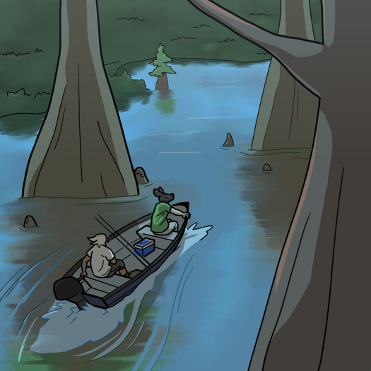 Image: Phoebe and Julia are in the boat, steering around three giant cypress trees. Julia is in the back with the engine, while Phoebe is in front looking at her surroundings. Their supplies are in the middle. A forested shoreline can be seen in the distance with a fourth cypress close to it. The scene is tinted a light blue as dawn continues to break. End description.