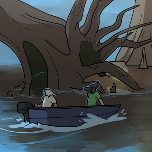 Image: Phoebe and Julia look up at the tilted cypress. Its trunk is wider than the boat. Half of its roots are sunk into the water and mud, while the other half are splayed out in the air. Behind it, also part of the island, is another cypress. End description.