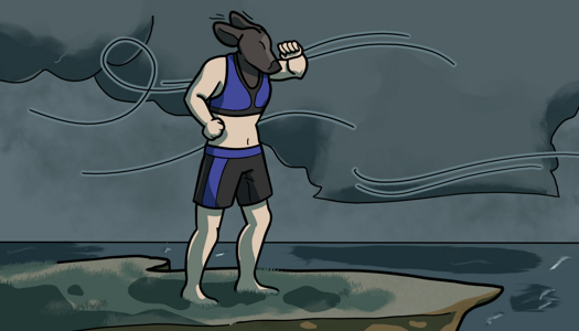 Image: A flashback to Phoebe standing on the cliff during the storm. She is wearing a sporty black and blue swimsuit, with a tank-top style top and swim trunks. Big, dark thunderclouds loom behind her and the sea is whipped up. She is bracing herself against the wind, with one arm raised to shield her face. End description.