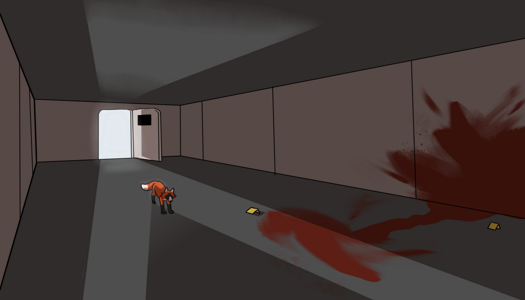 Image: Yuli stands alone in an empty train car. The door to the outside is open behind them, and light streams into the otherwise dark room. There is a person-sized smear of blood on the floor, leading to a large splatter on the wall. A yellow crime scene marker is placed next to each of them. End description.