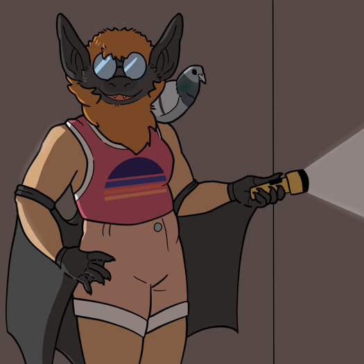 Image: Isra is facing towards the viewer with a smile, while she shines a flashlight into the car. Her aspect is a bat with a fluffy mane of fur. She has olive skin and is wearing a pink tank top with a sunset design, and peach high-waisted shorts. Notably, she’s also wearing costume bat wings, which are attached to a pair of gloves along with straps around her elbows. Her pigeon familiar has a standard, light grey coloration. End description.
