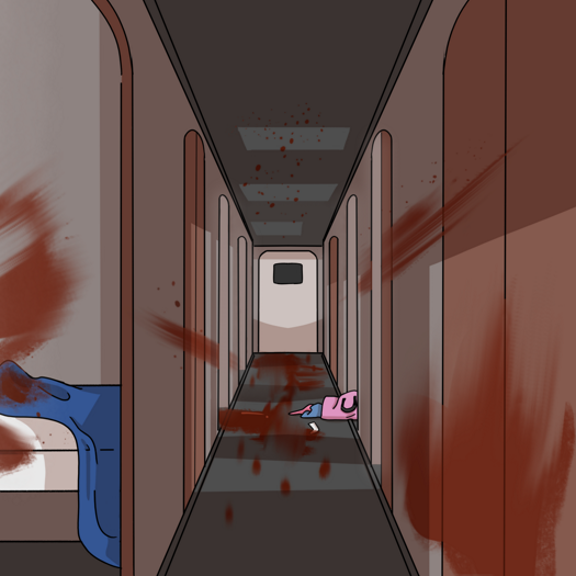 Image: A view of the car corridor. Blood is smeared in numerous places along the floor and walls, and splattered along the ceiling. One of the open cabin doors shows part of a bed with large blood stains on it. A duffel bag and clothes are spilled across the threshold of another. End description.