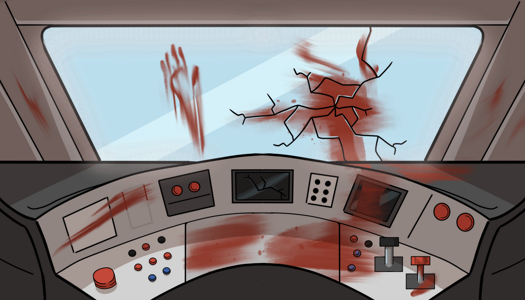 Image: The dashboard in the driver’s compartment, with the windshield behind it. The dash is full of different buttons, levers, and screens, many of which are covered in blood. One of the screens is cracked. The large crack--along with a bloody handprint--in the windshield makes it look like someone was slammed into it. End description.