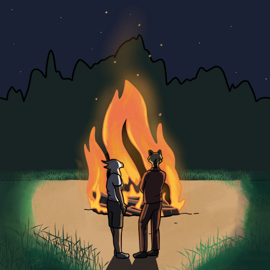 Image: In front of the same forest, a bonfire roars to life. Julia and Cat are standing in front of it. The fire is in the middle of a circular dirt clearing, surrounded by grass. End description.