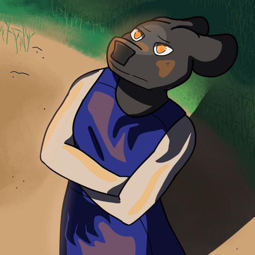 Image: Phoebe is standing by the fire, looking into it with a pensive expression. Her arms are folded, and she’s wearing her blue outfit again- The shadows dancing across it are shaped like claws. End description.