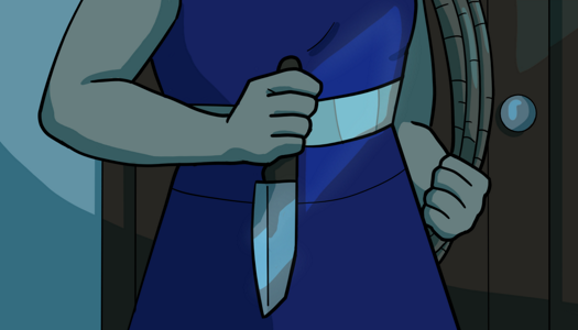 Image: A close up of Phoebe standing in the kitchen, visible from the chest down. The coil of rope is in one of her hands, and her other hand grips a knife. The knife is illuminated by moonlight, along with the portion of her scar visible under her outfit. End description.