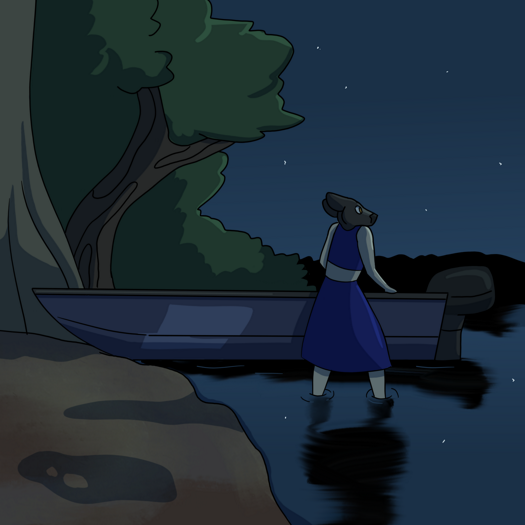 Image: Phoebe stands with one of the boats, looking out towards the lake. She is ankle-deep in the water. At the shoreline, trees stretch towards the dark sky. End description.