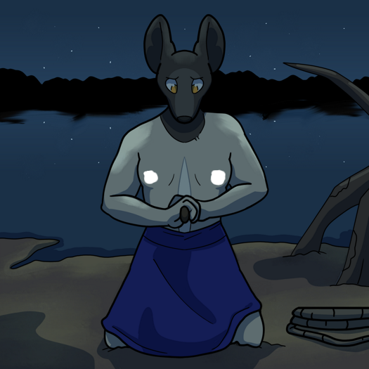 Image: Phoebe is kneeling on the ground. She is topless and facing the viewer, with both of her hands on the knife, pointing it towards her body. She is looking down at it with a determined expression. The lake and starry sky are visible behind her. End description.