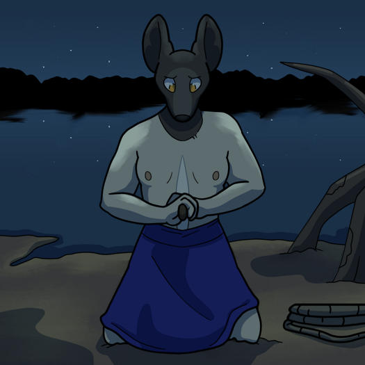 Image: Phoebe is kneeling on the ground. She is topless and facing the viewer, with both of her hands on the knife, pointing it towards her body. She is looking down at it with a determined expression. The lake and starry sky are visible behind her. End description.