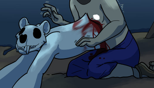 Image: Silver is exiting Phoebe’s body. His lower half is still inside of her, and parts of his torso are smeared with her blood. Phoebe is shaking visibly. End description.