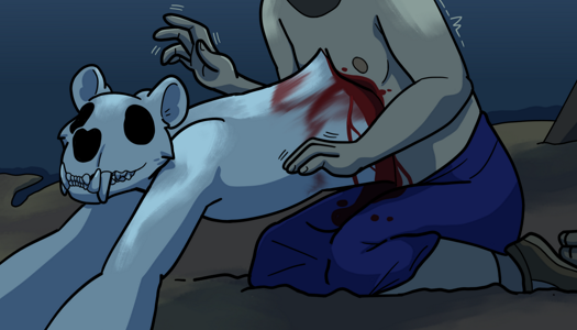 Image: Silver is exiting Phoebe’s body. His lower half is still inside of her, and parts of his torso are smeared with her blood. Phoebe is shaking visibly. End description.