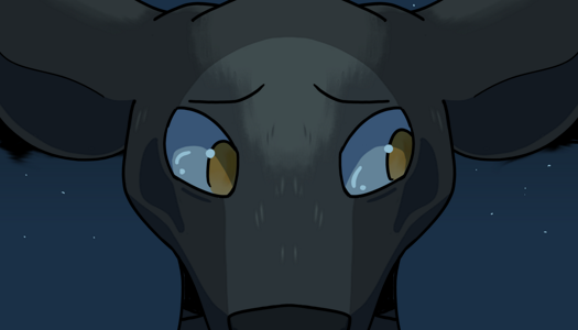 Image: Another close-up of Phoebe’s face, like the two previous illustrations. Her ears droop down and she’s looking to the side, with an expression of regret. End description.