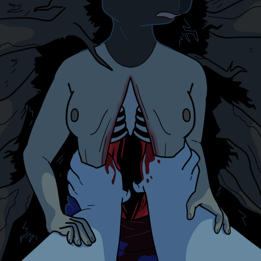 Image: A front view of Phoebe, surrounded by roots. Silver’s hands are reaching forward and gripping her waist, and his thumbs are hooked in her wound as he opens it more. Part of her ribcage is visible, and the inside of her wound is red and black. Her hands are clutching both of his arms, and her head is lolled to the side. Only her nose and mouth are in frame. End description.