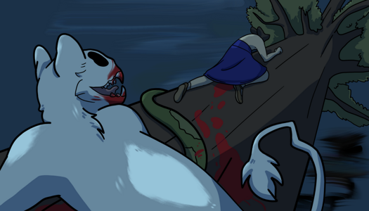 Image: Silver, his maw covered in blood, climbs onto the trunk as he watches Phoebe escape. Phoebe is on her hands and knees, crawling out towards the water. She is leaving a trail of blood behind her. End description.